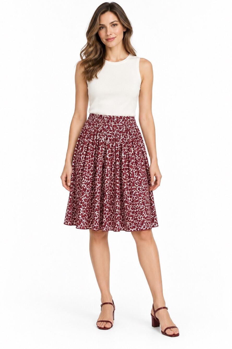 Ann Taylor Loft Maroon & White Floral Pleated Elastic Waist Knee Length Skirt